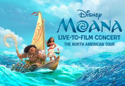 Moana: Live-to-Film Concert, the North American Tour with Moana and Maui on a boat in the ocean.