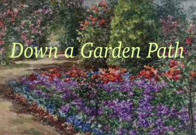 Painting of colorful flowers next to a garden path