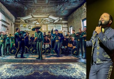 On the left, Mariachi Herencia singing together. On the right, Leonardo Aguilar singing with a microphone.