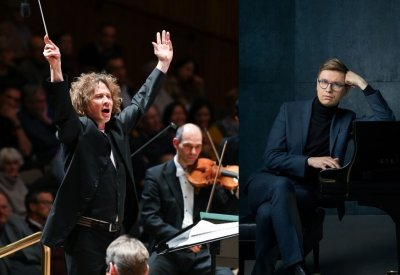 On the left, Santtu-Matias Rouvali conducting. On the right, Víkingur Ólafsson sitting next to a piano.
