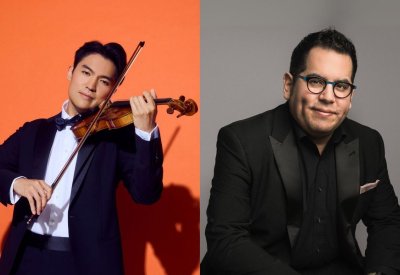 On the left, Ray Chen in a suit playing his violin. On the right, Julio Elizalde in a black suit sitting down.