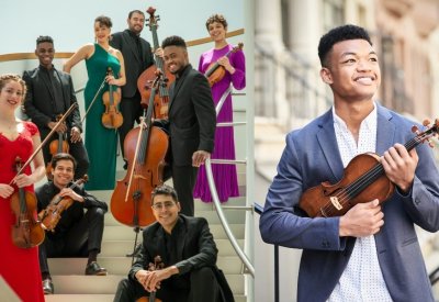 On the left, the Sphinx Virtuosi members standing and sitting on stairs. On the right, Randall Goosby with his violin.
