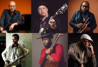 In the top left, John Beasley sitting next to his piano. In the top middle, Kurt Rosenwinkel playing his guitar. In the top right, Marquis Hill holding his trumpet. In the bottom left, Mark Turner holding his saxophone. In the bottom middle, Ben Williams holding his bass. In the bottom right, Terreon Gully looking at the camera. 