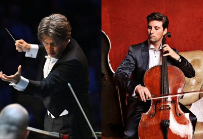 On the left, Daniel Rustioni in a tuxedo conducting. On the right, Daniel Müller-Schott in a suit sitting playing his cello.