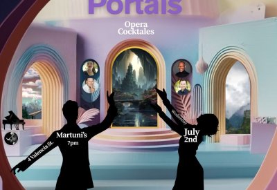 a cut-out window looking into a world with 3 arched doors with different scenes, dark figures in front singing....