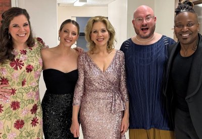 Lindsay Mendez, left, Jessie Mueller, Renée Fleming, Doug Peck, and Tituss Burgess