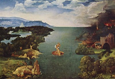 Joachim Patinir painting from the Renaissance; waterway; fire on right side