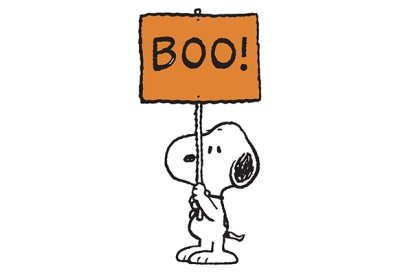 Snoopy holding a sign that says, "Boo"