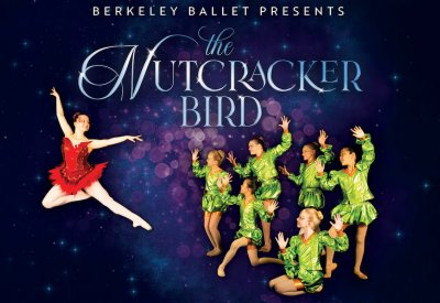 A dancer in a red tutu leaps in the air, while a group of young dancers in shiny green costumes pose like cacti. The words "The Nutcracker Bird" are written across the top of the image in a graceful script.