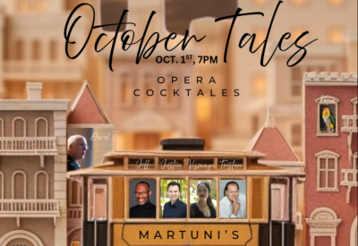 an SF trolley car with pics of the performers with a city background and info Oct. 1, 7 pm at Martuni's