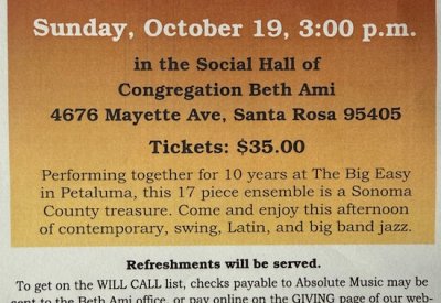 Absolute music presents The big easy Jazz band Sunday, October 19 3 PM call 707-217-5265 or come on in