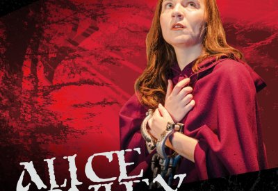 Emily Gallagher as Alice Ryley stands in a red cloak with chains on her wrists. Text reads: Alice Ryley & Big Deaths