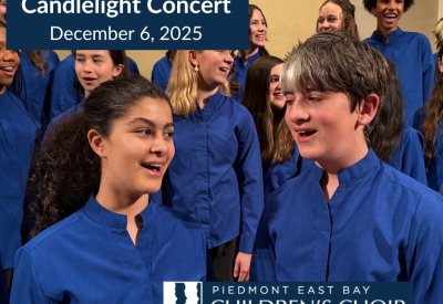 Candlelight Concert Dec 6, 2025, Piedmont East Bay Children's Choir. Image shows young people wearing dark blue tops, looking at each other singing and smiling