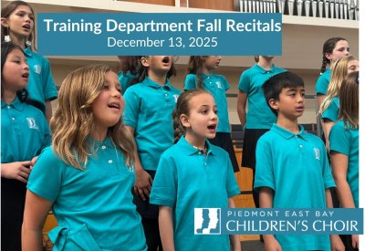 Joyful children in teal shirts singing; text over announces Training Department Fall Recitals