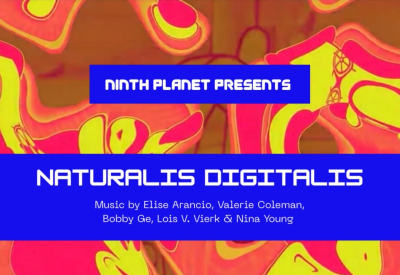 Orange/Pink/Yellow background of distorted Mickey Mouse faces, with white text on blue banners that reads "Naturalis Digitalis" and lists the performers and composers
