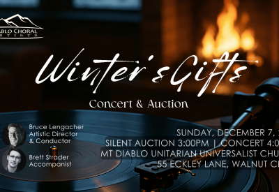 A photo depicting a cozy fire, record player, and snow outside the winter. Text: Winter's Gifts - Concert and Auction