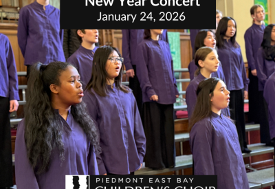 Joyful children in purple shirts singing; text over announces New Year Concert