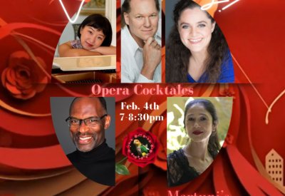 A female cupid in a flowing red dress shooting an arrow with pictures of the performers and the event informationt