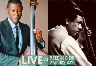 Marcus Shelby on color on the left playing upright bass, Charles Mingus in sepia on the right playing upright bass