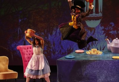 Tea party scene with dancers Moses Kaufman and Sonja Dale. Photo credit: Matt Haber