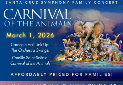 Poster for Carnival of the Animals Family Concert on March 1, 2026 at Civic Auditorium showing animals grouped together
