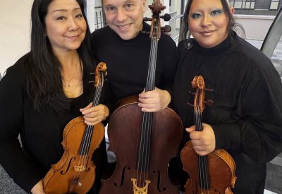 Fong-Costanza Family String Trio. Left to Right: Debra Fong, violin; Christopher Costanza, cello; and Ezra Constanza, viola.  (Photo courtesy of the artists.) 
