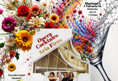 flowers and notes cascading from a tilted giant martini glass with a white piano, pics of the performers on the white piano and the information about the event