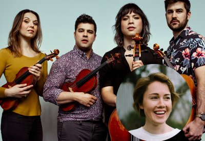 a portrait of Attacca Quartet with Caroline Shaw's headshot