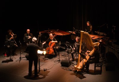 Musicians on a dark stage facing the conductor