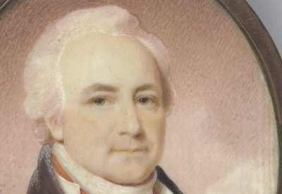 Paint portrait of white man with white hair. 