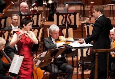 Principal Flute Elizabeth Rowe performing Carter's Flute Concerto with the Boston Symphony led by Ludovic Morlot on 12.6.11 (Kristen Loken).jpg