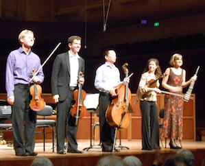 Catherine Payne, on the right, greeted the audience; the others, from left, are Carlson, Young, Yang, and Kleinbart Photos by Janos Gereben