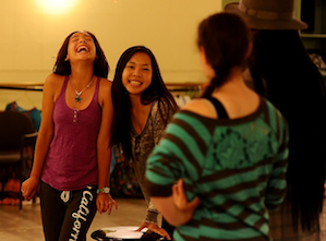 Ari Gonzales-Silas, Anna Polumbo-Levy, Bessie Zolno, and Ania Sharieff rehearse a scene from Berkeley Playhouse TeenStage’s production of Bye Bye Birdie. Photo by Ken Levin.
