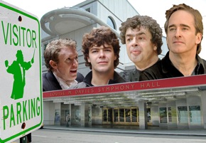 Photomontage by Jeff Dunn of conductors Harding, Heras-Casado, Bychkov, and Conlon parking at Davies