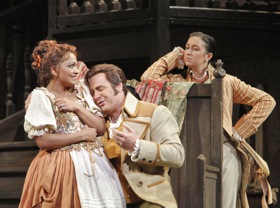 Danielle de Niese (Susanna), Lucas Meachem (Count Almaviva), Michele Losier (Cherubino) in Copley's third <em>Figaro</em> here<br>Photo by Cory Weaver