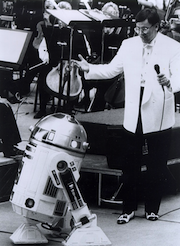 New Fremont Symphony music director Gregory Van Sudmeier with R2D2 at Skywalker Sound