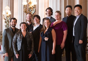Merolini of the Schwabacher Summer Concerts: Seth Mease Carico, Elizabeth Baldwin, Andrew Kroes, Joshua Baum, Melinda Whittington, Hadleigh Adams, Erin Johnson, Chuanyue Wang, and Yi Li<br>Photo by Kristen Loken Merolini of the Schwabacher Summer Concerts: Seth Mease Carico, Elizabeth Baldwin, Andrew Kroes, Joshua Baum, Melinda Whittington, Hadleigh Adams, Erin Johnson, Chuanyue Wang, and Yi Li Photo by Kristen Loken