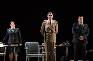 Linda Barnett as the Female Chorus, Chris Carr, and Robert Watson as the Male Chorus