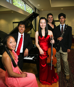 Marin Music Chest's Young Artists Award winners Katarina Lee and Kuni Migimatsu (piano), Hayaka Komatsu (viola), Laura Arthur (soprano) and Max Norman (clarinet) Photo by Eric Chazankin