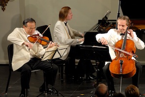 Cho-Liang Lin, violin; Juho Pohjonen, piano; David Finckel, cello, in the Sunday performance of the Schubert Notturno<br>Photo by Ashley Pinnell