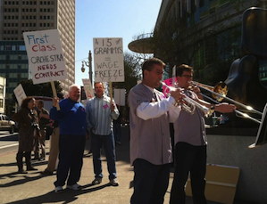 Striking musicians Mark Inouye and Tim Higgins lead the march Striking musicians Mark Inouye and Tim Higgins lead the march