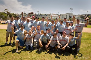 S.F. Symphomaniacs in grey, N.Y. Penguins in blue; our hero, Mark Inouye, is first on the right in the second row<br>Photo by Chris Lee S.F. Symphomaniacs in grey, N.Y. Penguins in blue; our hero, Mark Inouye, is first on the right in the second row Photo by Chris Lee