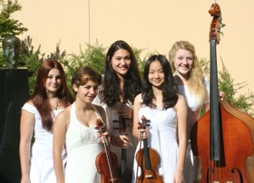 Five of the 18-member Orchestra da Camera:<br>Cilka Daniels, Lucia Purpura-Pontoniere,<br>Jung-Hee Schwartz, Iris Wang, Brett Simpson