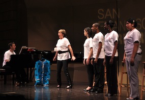 Jake Heggie, Flicka, and YMP students Thérese Chaix, Adam Green, Christabel Nunoo, Priscillia Alva
