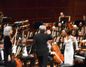 Associate Concertmaster Nadya Tichman, MTT asking the brass to rise, and Yuja Wang