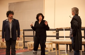Francesca Zambello, in charge of the <em>Ring</em> production, rehearsing <em>Götterdämmerung</em>, with Andrea Silvestrelli (Hagen), and Gerd Grochowski (Gunther)<br>Photo by Kristen Loken