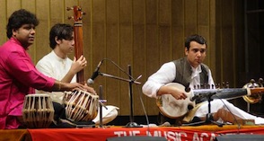 Like father... Alam Khan (right), his brother Manik on the tanpura, with Subhankar Banerjee on the tabla (left)<br>Photo by R. Ravindran