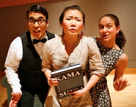 Chaverdova (on the right), with Emmanuel Franco and Georgia Duan, in the Conservatory production of Rossini’s <em>La Scala di Seta</em><br>Photo by Betsy Kershner
