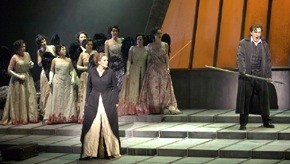 James Johnson as Wotan in a Copenhagen <em>Die Walküre</em>, with Irene Theorin as Brünnhilde<br>Photo by Martin Mydtskov Rønne