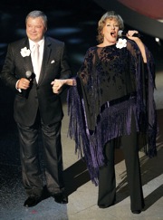 Incongruous duet: Flicka with William Shatner at her Toronto farewell<br>Photo by Mark J. Terrill